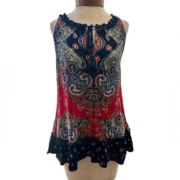 Bila Womens Top Size Small Navy Red Paisley
Print Ruffle Hem Sleeveless BOHO - Picture 1 of 6